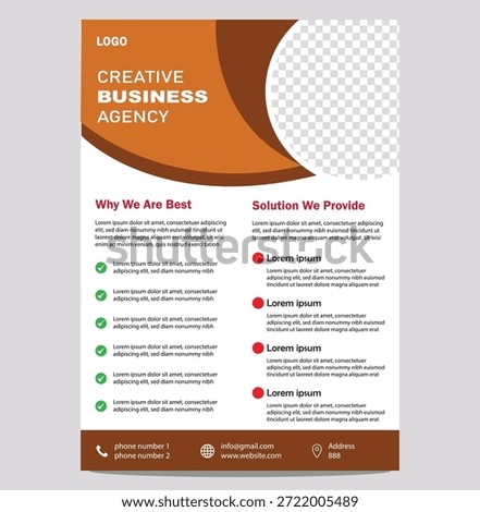 Clean Marketing Flyer Template with Organized Presentation. This clean marketing flyer template offers an organized presentation suitable for various promotional activities. The layout supports clear messaging through balanced spacing and readable text. Visual elements are placed thoughtfully to enhance understanding without clutter. Suitable for both digital sharing and physical distribution. The design can be easily customized to match different themes and communication goals.

Creative business agency flyer template with modern design and placeholder text for company information and services provided in a clean layout