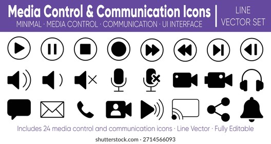 Clean Media Control und Kommunikations-Icon-Set mit Play, Pause, Lautstärke, Mikrofon, Video, Chat, Anruf und Benachrichtigung Symbole für Apps, Dashboards und UI-Design.
