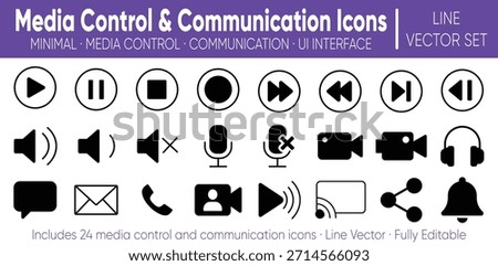 Clean media control and communication icon set featuring play, pause, volume, microphone, video, chat, call and notification symbols for apps, dashboards and UI design.
