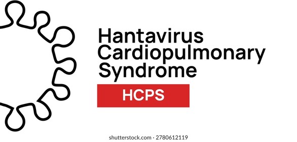 Clean medical banner featuring the primary text Hantavirus Cardiopulmonary Syndrome with the abbreviation HCPS emphasized in a red highlight bar. A black line-art outline of a virus microbe is placed on the left side of the white frame. This professional graphic is designed for medical journals, healthcare presentations, and educational materials regarding viral diseases.