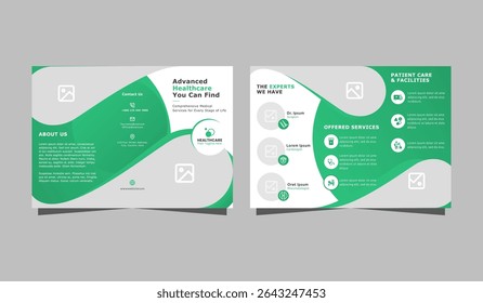 Design de brochura médica limpo em verde e branco layout de gradiente. Brochura profissional criativa tripla para clínica, médico e promoção hospitalar.