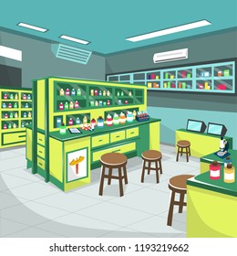 Clean Medical Pharmacy Laboratory Hospital Room with Green Table Full of Medicine Stuff and Microscope for Cartoon Vector Illustration Ideas
