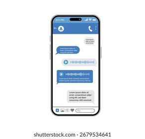 Clean Messenger Conversation App Mockup UI Template with Blue Message Bubbles Vector.