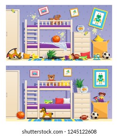 Clean and messy children room set of banners with furniture and interior objects isolated vector illustration