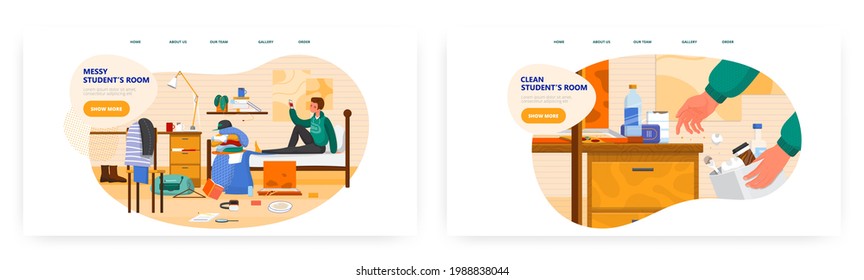 Clean messy students room. Landing page design, website banner vector template. College dorm room before, after cleaning