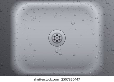 Clean metal sink with water drops. Realistic vector background