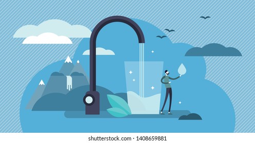 Clean mineral mountain water vector illustration. Flat tiny potable drinking persons concept. Fresh and clear natural drink for healthy and safe environment. Save earth with pure liquid consumption.