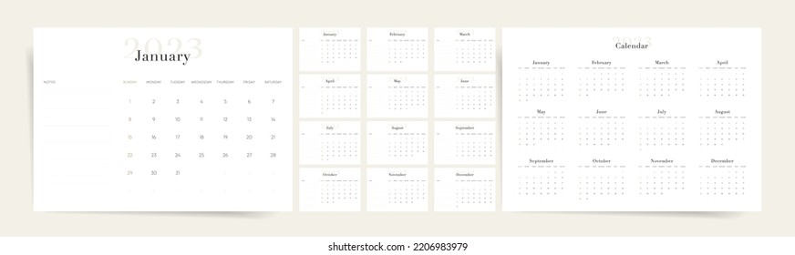 Clean And Minimal 2023 Calendar Template. Elegant And Aesthetic Design. Week Starts On Sunday.  Place For Notes.