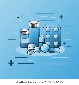 A clean and minimal 2D vector illustration of various medical supplies, including pill bottles, blister packs, and tablets on a blue background. Ideal for healthcare, and pharmaceuticals.