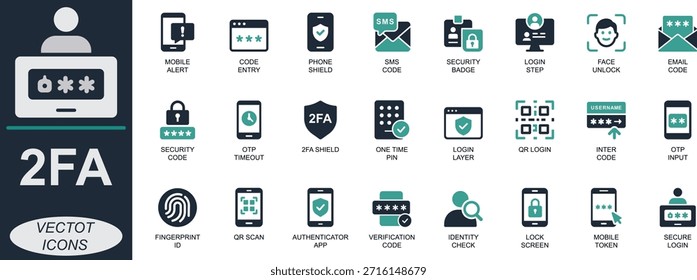 Conjunto de iconos 2FA limpio y mínimo. Con autenticación, OTP, Inicio de sesión seguro, token, huella digital, código y verificación de identidad. Perfecto para uso de interfaz de usuario, App, fintech y ciberseguridad.