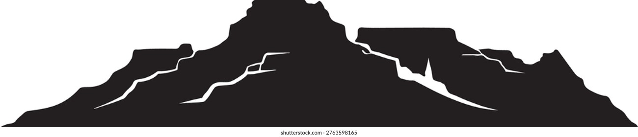 Clean and minimal black vector silhouette of the Grand Canyon ridge, featuring sharp cliffs and layered rock formations. Designed in a simple, high-contrast style with clear contours, this flat illustration is ideal for icons, logos, and design elements. Isolated on a transparent background with no gradients, shadows, or text.