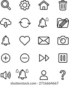 Un conjunto de iconos de línea de interfaz de usuario en blanco y negro limpio y mínimo diseñado para aplicaciones de Web y móviles. Esta colección de íconos de Vector incluye Elementos comunes de la interfaz de usuario como búsqueda, Configuraciones, inicio, notificación, correo electrónico, controles multimedia, perfil de usuario y acciones del sistema. Perfecto para Sitios web, App móviles, paneles, interfaces de software, presentaciones y proyectos digitales modernos. Totalmente editable, escalable y adecuado para el Uso comercial.
