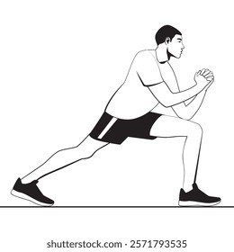 A clean and minimal black and white vector illustration of a man performing a stretching exercise. The figure features a dynamic lunge pose with clasped hands, emphasizing fitness and flexibility