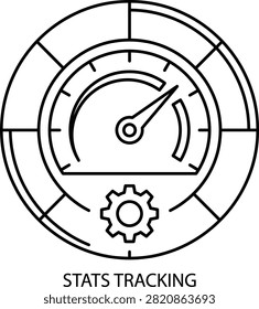 A clean and minimal black and white vector line art icon featuring a speedometer gauge meter with an arrow dial, a process gear, and a circular frame labeled STATS TRACKING. Designed with crisp outlines, this graphic element is ideal for business performance dashboards, analytics monitoring, SEO tracking interfaces, and technology presentation slides.