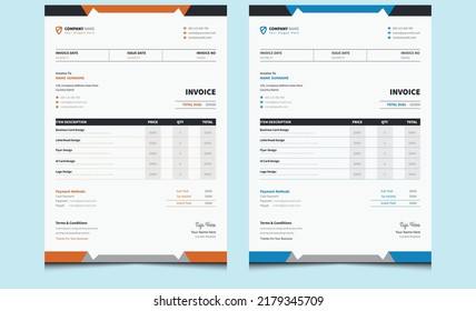 Limpiar el diseño mínimo de la plantilla de factura de negocios de color naranja azul. Diseño elegante y moderno de facturas profesionales de oficina. Diseño de recibos de pago de dinero creativo simple. Factura del formulario de facturación de memes de efectivo corporativo