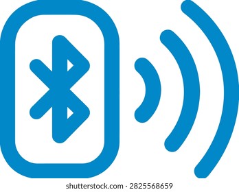 A clean, minimal blue vector icon featuring a smartphone or device with a Bluetooth logo emitting wireless signal waves, designed for technology, connectivity, and data transfer concepts.