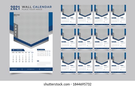 Clean minimal blue wall calendar 2021 template planner vector design set of 12 months