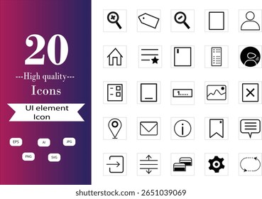 A clean and minimal collection of 20 high-quality UI element icons designed for web, app, and interface projects.