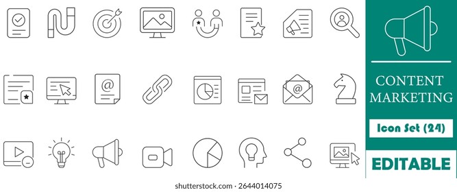Ícone de marketing de conteúdo limpo e mínimo com estratégia, SEO, análise e elementos de e-mail — perfeito para campanhas digitais, blogs e apresentações.