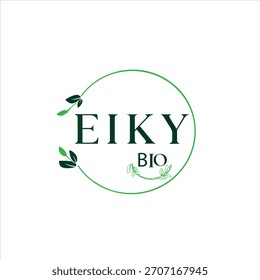 A clean, minimal eco-themed logo featuring the text “EIKY BIO” inside a thin circular frame. Designed with natural green tones, soft leaf illustrations, and an organic, environmentally friendly aesthe