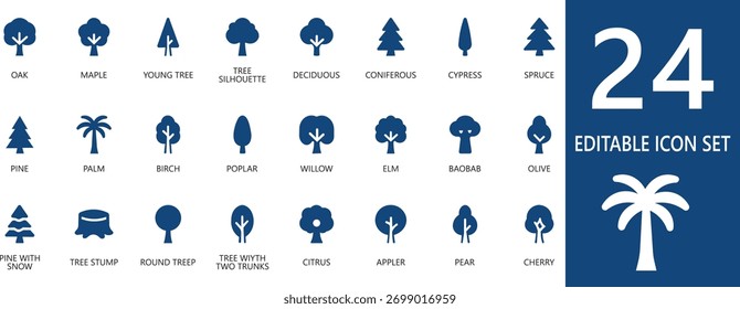 Clean and minimal filled icons featuring various types of trees for nature, environment, and eco projects. Perfect for web, apps, and design collections.