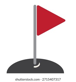 Ilustración plana limpia y mínima de una bandera triangular roja en un poste gris, plantada en una base curva oscura. Este gráfico simple representa llegar a un destino, un marcador de hoyo de golf, hitos o señalar una ubicación en un mapa. Ideal para iconos de infografía, interfaz de usuario de juego simple y gráficos de seguimiento de ubicación