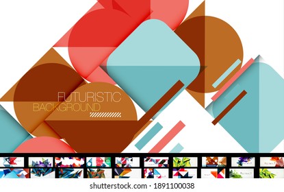 Clean minimal geometric abstract backgrounds with various geometric shapes - triangles, circles, waves and other. Vector illustrations for covers, banners, flyers, social media