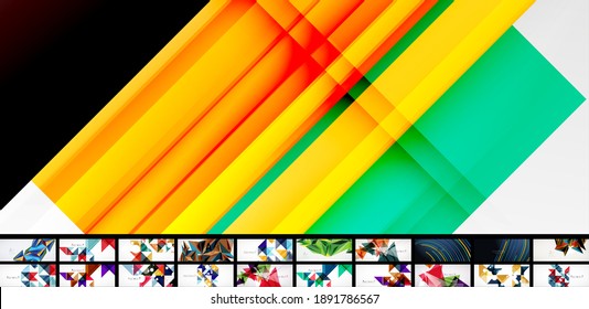 Clean minimal geometric abstract backgrounds with various geometric shapes - triangles, circles, waves and other. Vector illustrations for covers, banners, flyers, social media