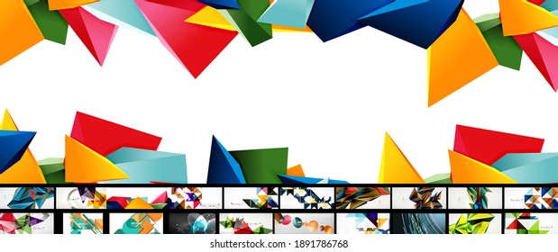 Clean minimal geometric abstract backgrounds with various geometric shapes - triangles, circles, waves and other. Vector illustrations for covers, banners, flyers, social media