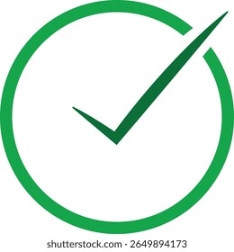 Um símbolo de marca de seleção verde limpo e mínimo delimitado por um contorno circular, exibido em um fundo branco. Esse ícone de estilo de vetor representa aprovação, confirmação, êxito ou uma tarefa concluída.