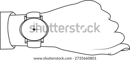 Clean and minimal hand clock outline vector illustration in black and white. Simple line art clock design suitable for logo, icon, time concept, infographic, app UI, website, t-shirt print, sticker, poster, branding, and creative projects. Editable vector file isolated on white background.