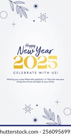 A clean and minimal Happy New Year 2025 celebration design featuring elegant gold and blue typography with decorative elements like leaves, stars, and abstract shapes