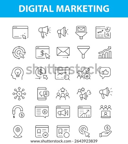 A clean,  minimal icon set for digital marketing. Includes SEO, social media, email campaign, funnel, graph analytics, ads, megaphone, targeting, and more. Perfect for websites, business dashboards, 
