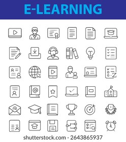 A clean, minimal icon set for e-learning and digital education. Includes laptop, video lecture, certificate, graduation cap, online course, book, mobile learning, and more. Ideal for apps, websites, 