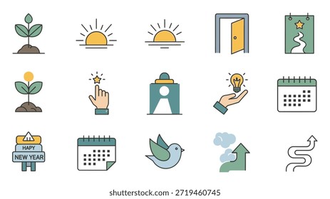 A clean minimal icon set featuring growth, new beginnings, ideas, goals, and inspiration symbols. Soft pastel colors with line and flat style, perfect for UI design, branding, apps, calendars, presentations, and creative projects.