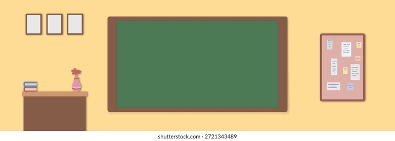 Uma ilustração limpa e mínima de um interior de sala de aula com um quadro negro verde vazio no centro, rodeado por elementos educacionais simples, como livros, molduras de parede e um quadro de avisos. O design oferece amplo espaço de cópia, tornando-o adequado para apresentações educacionais, conteúdo relacionado à escola, materiais de e-learning, cartazes acadêmicos e planos de fundo com temas de sala de aula.