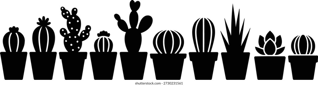 Una ilustración limpia y minimalista con diversas siluetas negras de cactus en maceta y suculentas, perfecta para uso decorativo o educativo.