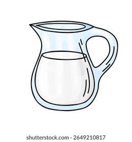 Clean and minimal illustration of a glass pitcher filled with fresh white milk. Drawn in a light outline style that highlights the elegant shape and clarity of the container. Perfect for dairy packagi