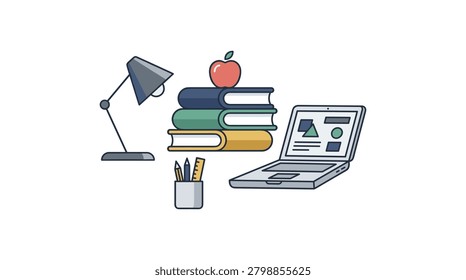 A clean and minimal illustration of a study workspace featuring a laptop displaying a webpage, a stack of colorful books, an apple on top, a desk lamp, and writing pencils in a holder. Perfect for education, work, or home office themes.
