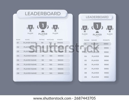 Clean minimal leaderboard UI template for game interface with ranking, rating, matches and points, modern esports scoreboard for mobile and desktop