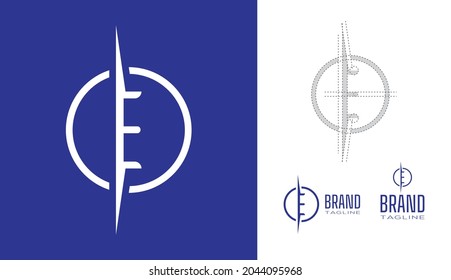 Clean Minimal letter E Logo in a circle border stroke line with logo geometry measurements for creative graphic  branding design concepts for corporate business, restaurant, manufacturing and food