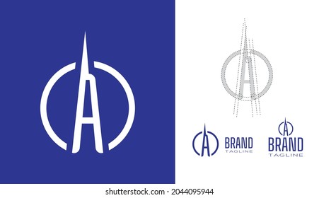 Clean Minimal letter A Logo in a circle border stroke line with logo geometry measurements for creative graphic  branding design concepts for corporate business, restaurant, manufacturing and food