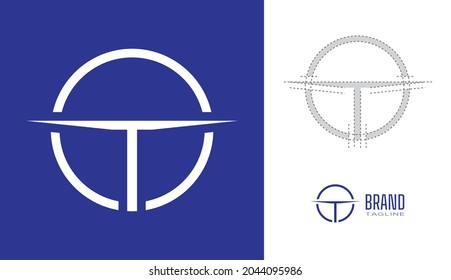Clean Minimal letter T Logo in a circle border stroke line with logo geometry measurements for creative graphic  branding design concepts for corporate business, restaurant, manufacturing and food