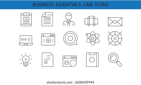 A clean, minimal line icon set featuring essential business and productivity symbols. Perfect for websites, presentations, apps, dashboards, and reports.
