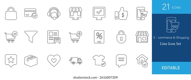 A clean and minimal line icon set of 21 e-commerce and shopping elements. Perfect for online stores, websites, apps, and digital marketing. Fully editable vector icons with modern design.