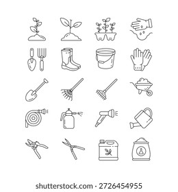 Eine saubere und minimale Linie Icon Set für Gartenarbeit und Pflanzenpflege gewidmet. Die Kollektion umfasst grundlegende Gartengeräte und -geräte