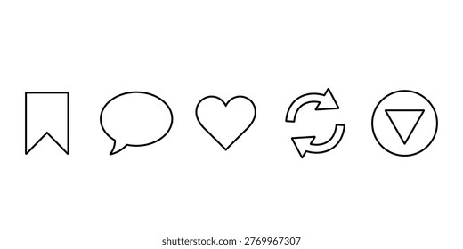 A clean and minimal line icon set featuring essential UI symbols including bookmark, chat bubble, heart, refresh arrows, and directional arrow. Designed with simple black outlines, these icons are perfect for web and mobile interfaces, apps, presentations, and modern digital projects. The consistent style ensures versatility and easy integration into various design systems.