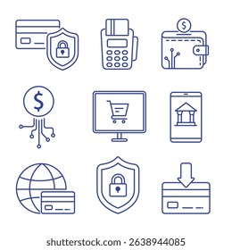A clean, minimal line-style icon set featuring online payment, e-wallets, secure transactions, fintech, and digital banking symbols, ideal for finance and tech interfaces.