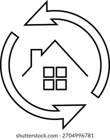 Clean minimal line-style vector icon showing a house surrounded by a circular arrow. Represents home improvement, renovation cycle, property update, home sync, maintenance, and smart home