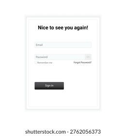 Clean and minimal login screen UI featuring “Nice to see you again” message, soft input fields, and simple authentication layout. Ideal for modern apps, onboarding flows, user login pages, and digital product interfaces.